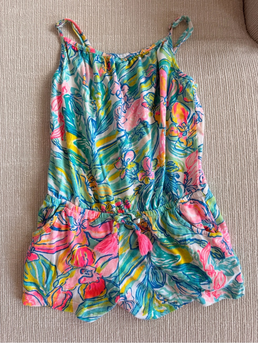 Lilly Pulitzer Girls Floral Tassel Romper - Aqua, Pink, Yellow - Medium